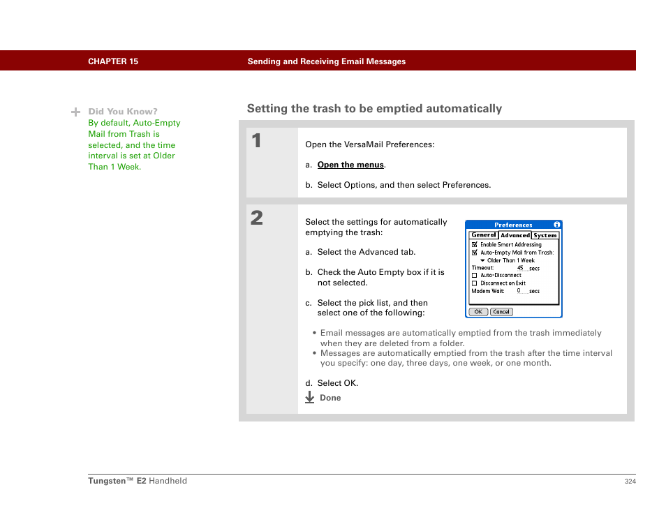 Setting the trash to be emptied automatically | Palm E2 User Manual | Page 345 / 653