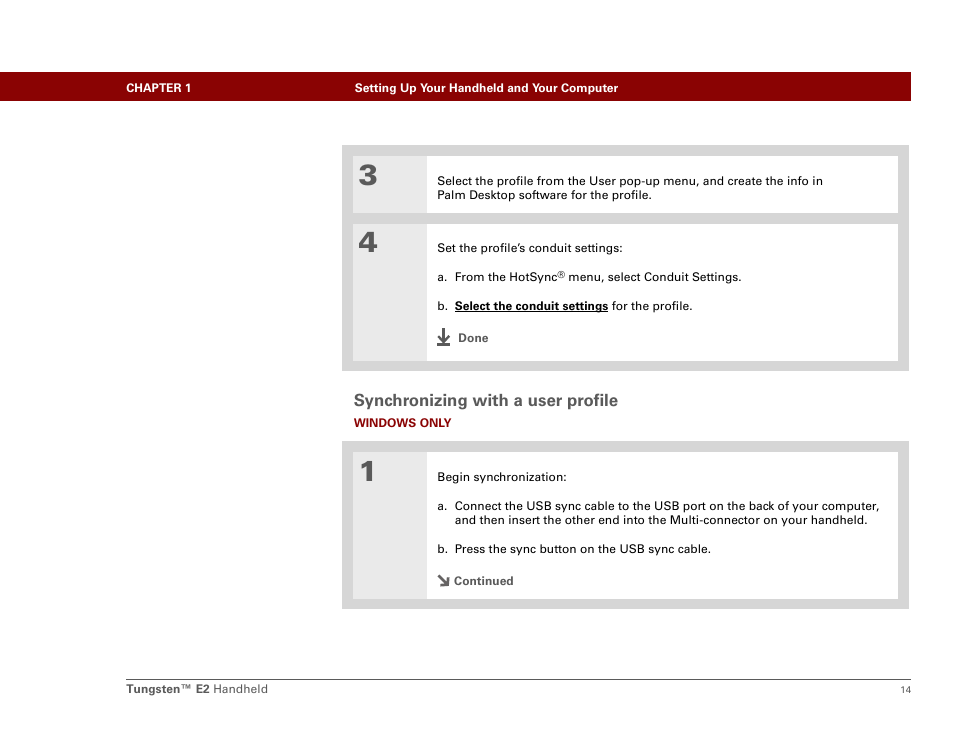 Synchronizing with a user profile | Palm E2 User Manual | Page 35 / 653