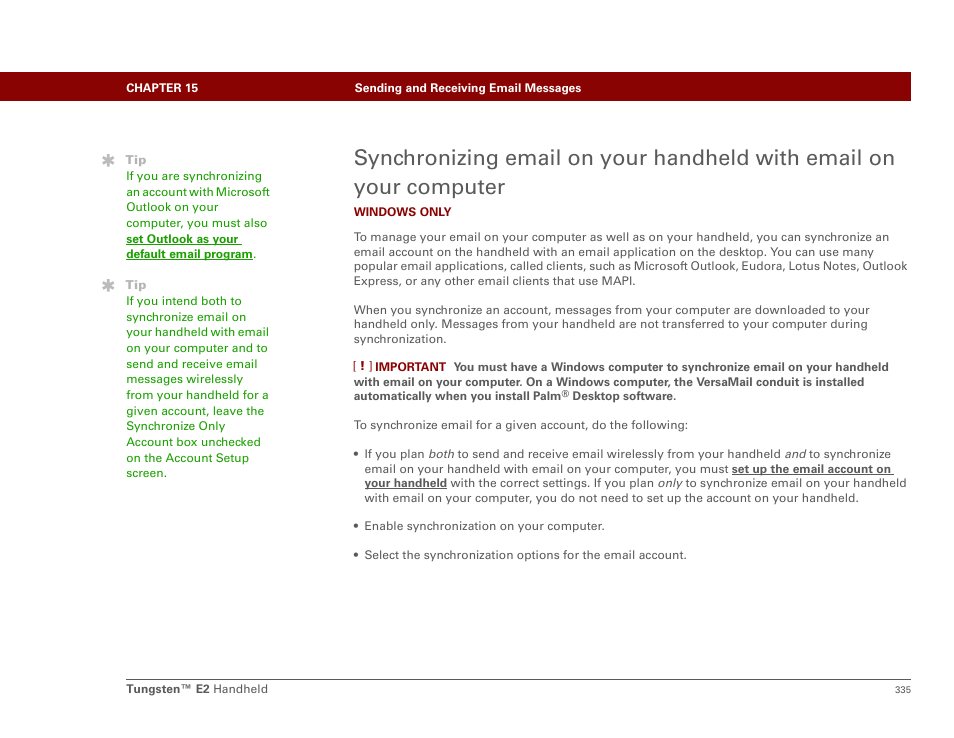 Synchronizing email on your handheld with email on, Your computer, R setting synchronization options | Setting synchronization options, Configure this account | Palm E2 User Manual | Page 356 / 653