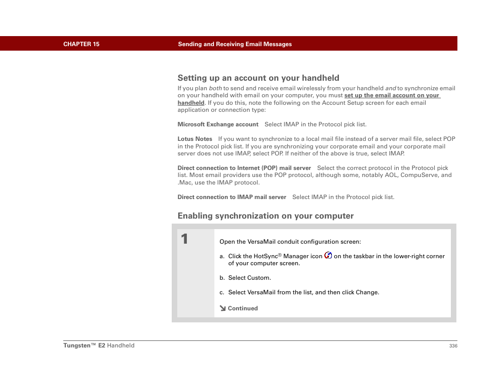 Setting up an account on your handheld, Enabling synchronization on your computer | Palm E2 User Manual | Page 357 / 653