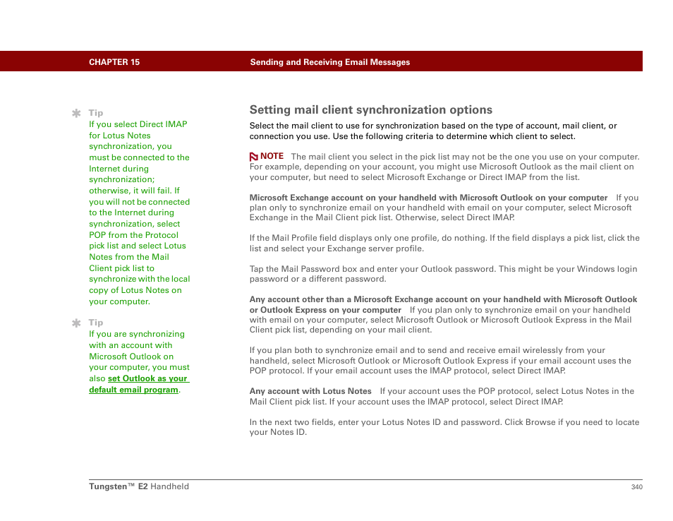 Setting mail client synchronization options | Palm E2 User Manual | Page 361 / 653