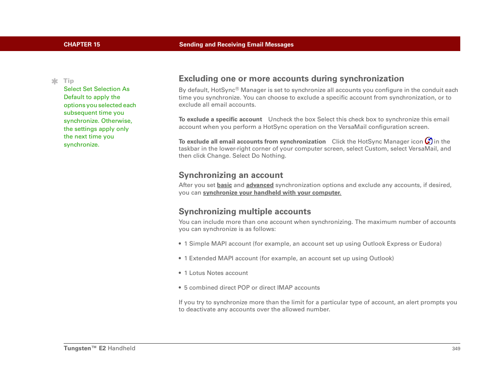 Synchronizing an account, Synchronizing multiple accounts | Palm E2 User Manual | Page 370 / 653
