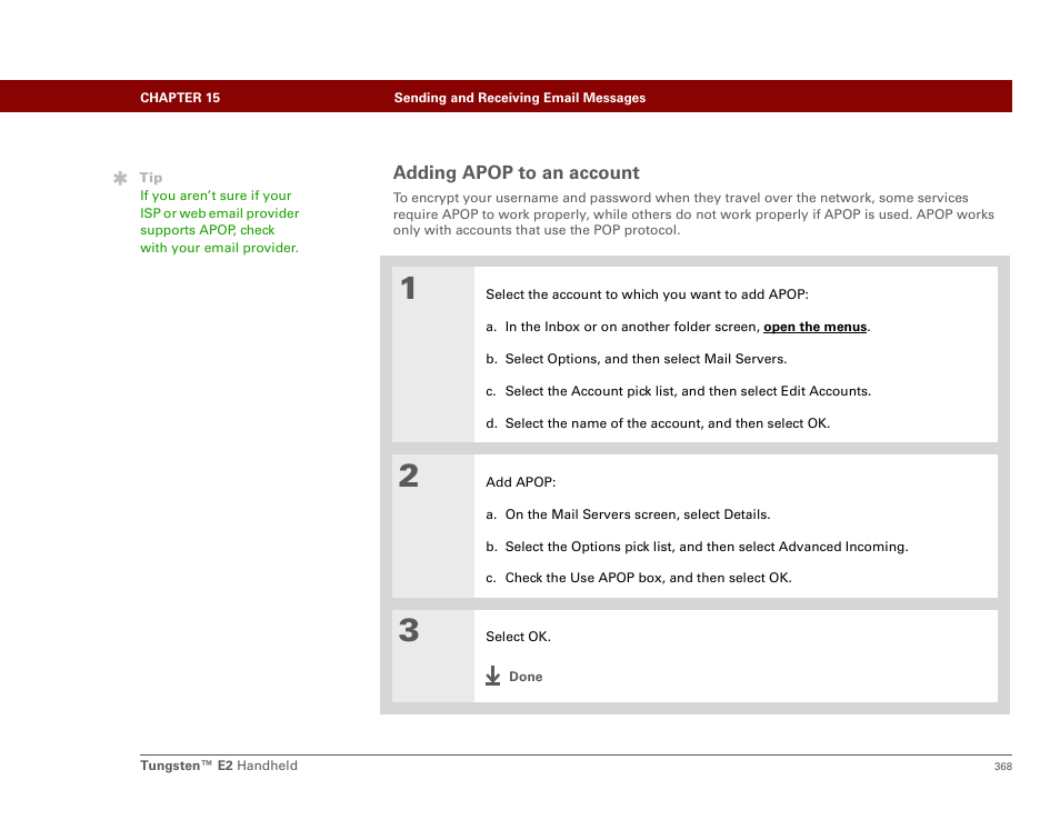 Adding apop to an account, Ssl), authenticated, Post office protocol (apop | Palm E2 User Manual | Page 389 / 653
