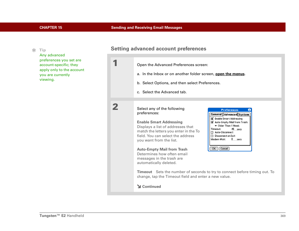 Setting advanced account preferences | Palm E2 User Manual | Page 390 / 653
