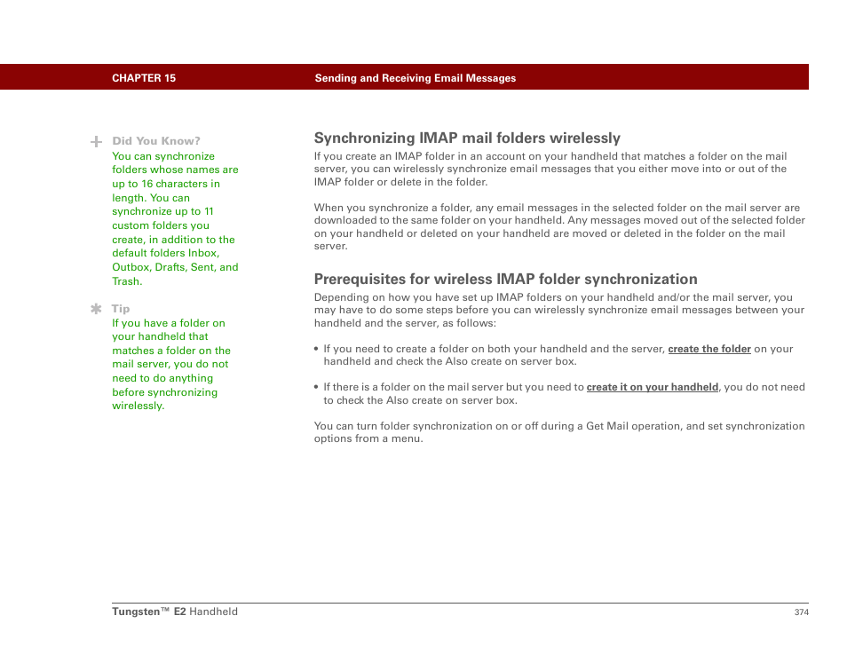 Synchronizing imap mail folders wirelessly, Wireless imap folder synchronization | Palm E2 User Manual | Page 395 / 653