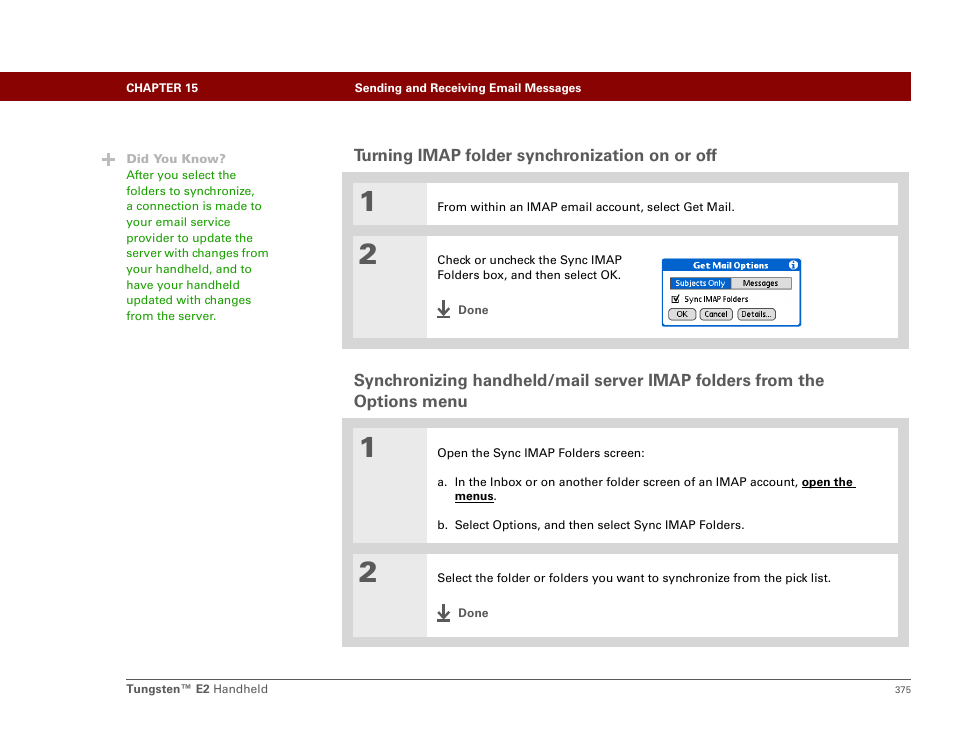 Turning imap folder synchronization on or off, Options menu | Palm E2 User Manual | Page 396 / 653