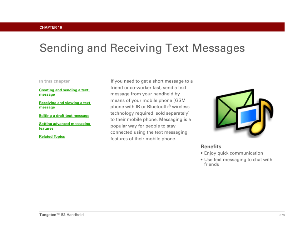 Sending and receiving text messages, Chapter 16: sending and receiving text messages, Messaging | Common | Palm E2 User Manual | Page 399 / 653