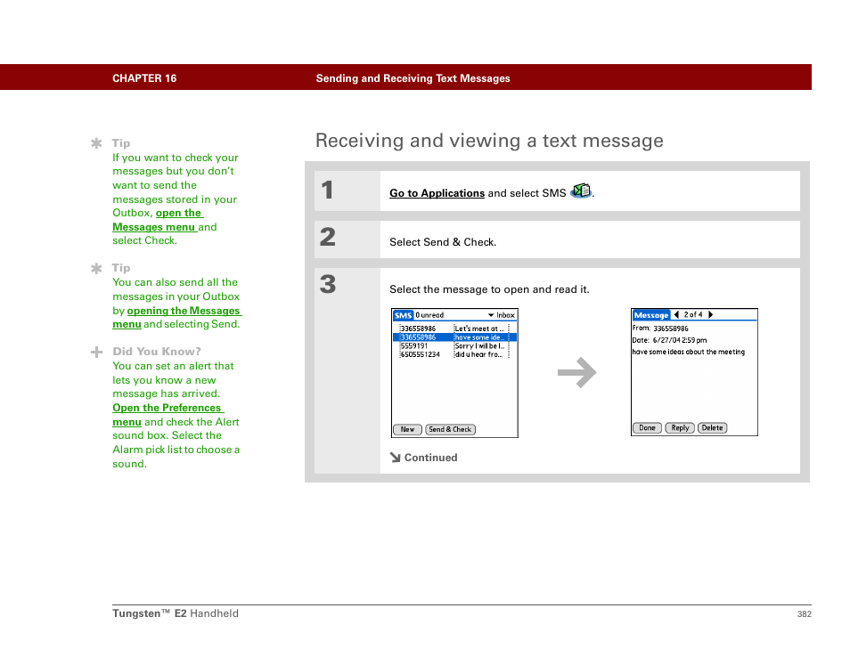 Receiving and viewing a text message | Palm E2 User Manual | Page 403 / 653