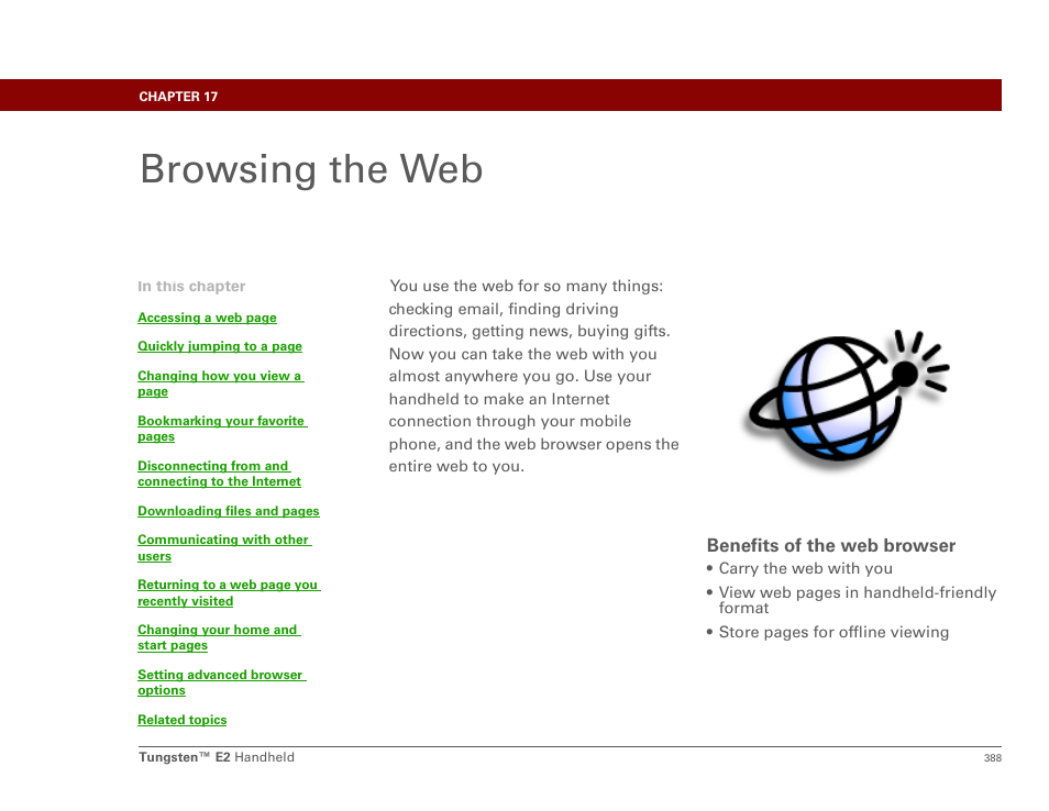 Browsing the web, Chapter 17: browsing the web, E web browser | Browse the web | Palm E2 User Manual | Page 409 / 653