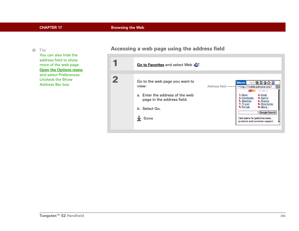 Accessing a web page using the address field | Palm E2 User Manual | Page 411 / 653