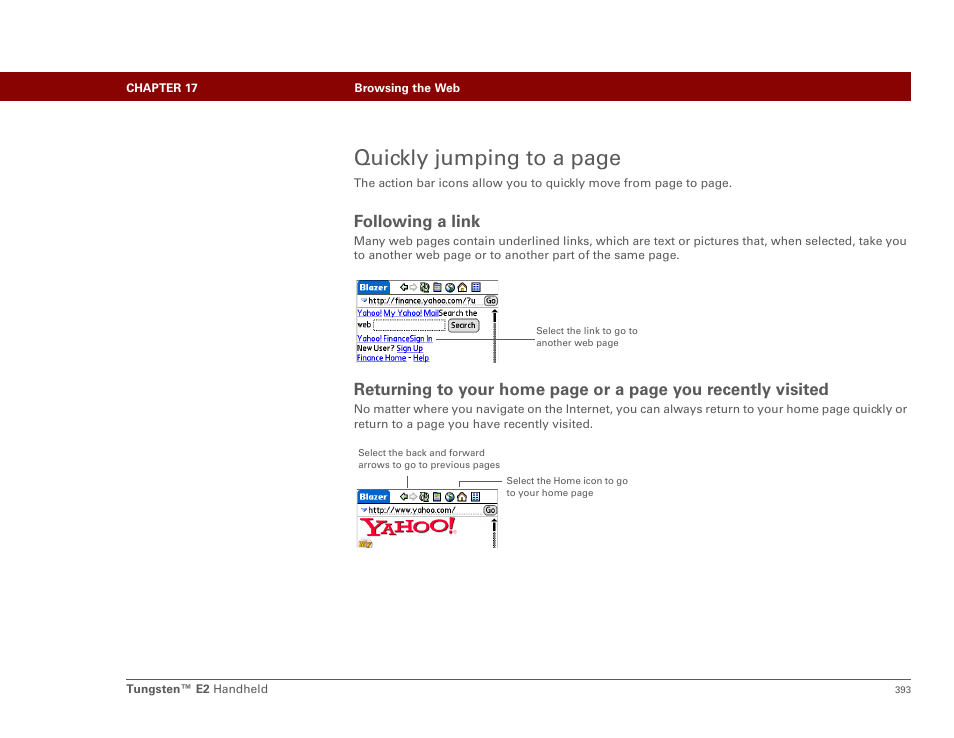 Following a link, Quickly jumping to a page | Palm E2 User Manual | Page 414 / 653