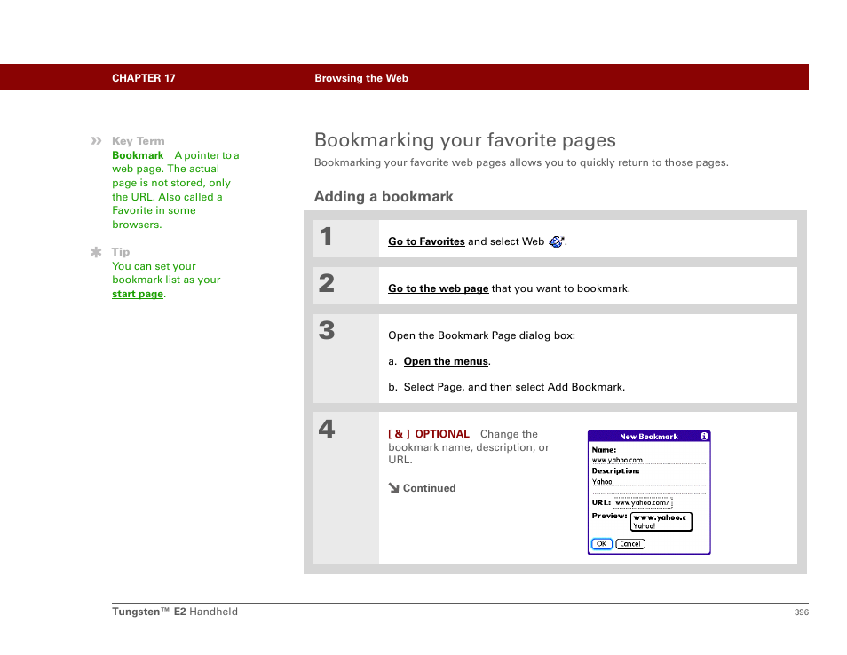 Adding a bookmark, Bookmarking your favorite pages | Palm E2 User Manual | Page 417 / 653