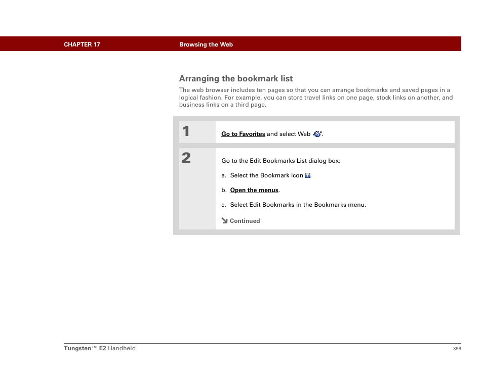 Arranging the bookmark list | Palm E2 User Manual | Page 420 / 653