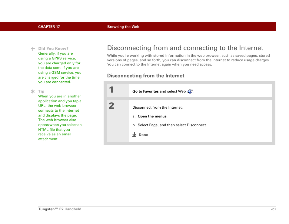 Disconnecting from and connecting to the internet, Disconnecting from the internet | Palm E2 User Manual | Page 422 / 653