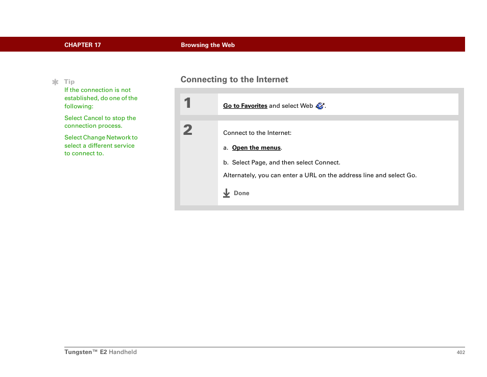 Connecting to the internet | Palm E2 User Manual | Page 423 / 653