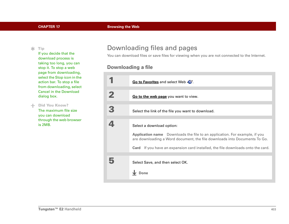 Downloading a file, Downloading files and pages | Palm E2 User Manual | Page 424 / 653