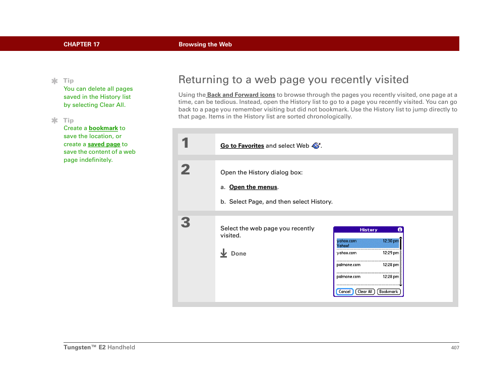 Returning to a web page you recently visited | Palm E2 User Manual | Page 428 / 653