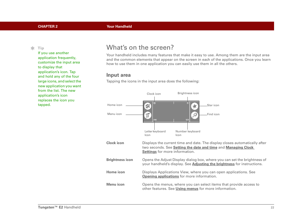 What’s on the screen, Input area | Palm E2 User Manual | Page 43 / 653