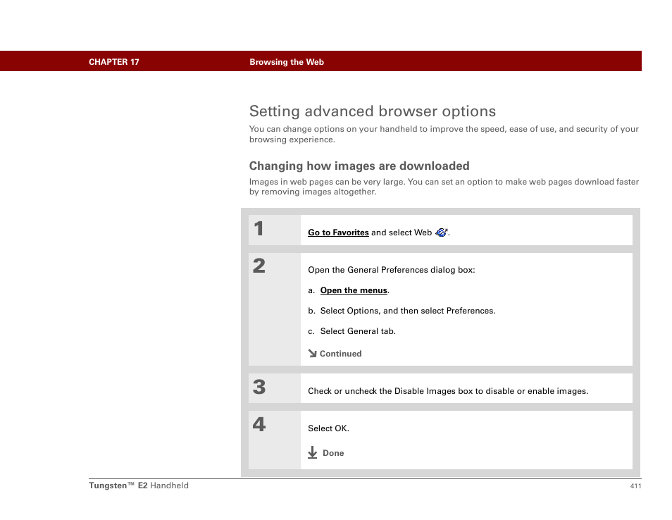 Setting advanced browser options, Changing how images are downloaded | Palm E2 User Manual | Page 432 / 653