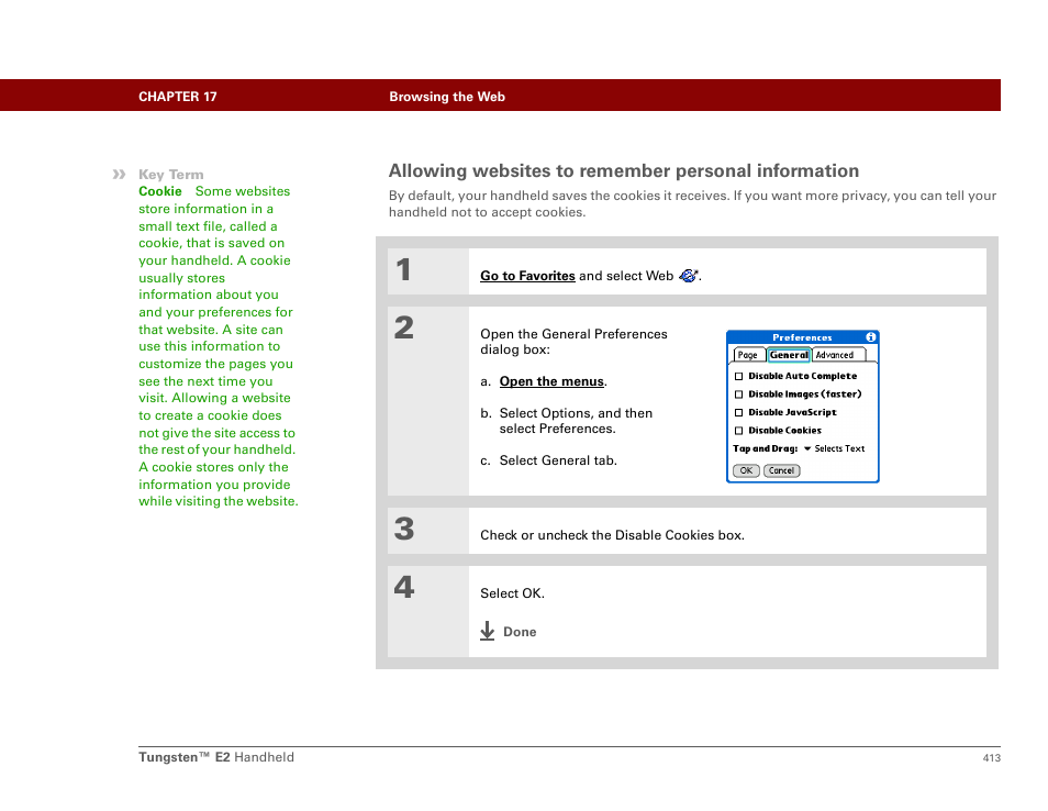 Allowing websites to remember personal information | Palm E2 User Manual | Page 434 / 653