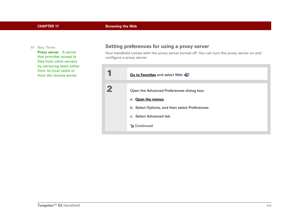 Setting preferences for using a proxy server | Palm E2 User Manual | Page 437 / 653