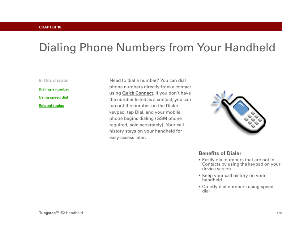 Dialing phone numbers from your handheld | Palm E2 User Manual | Page 441 / 653