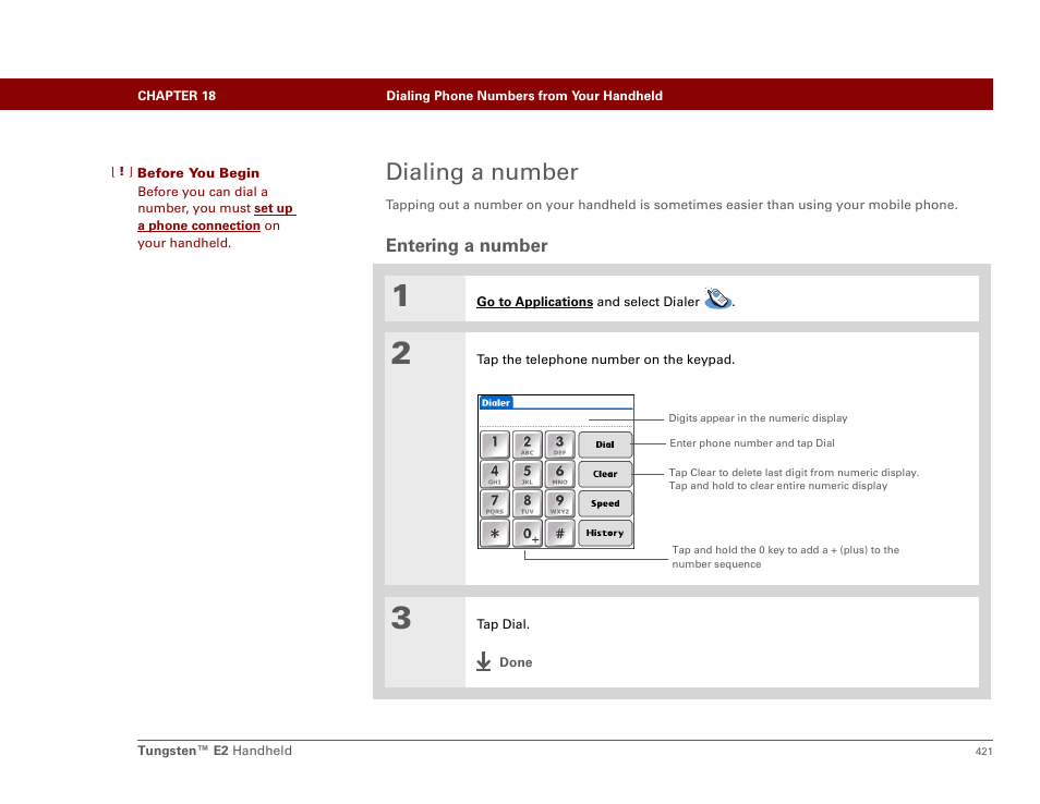 Dialing a number, Entering a number | Palm E2 User Manual | Page 442 / 653