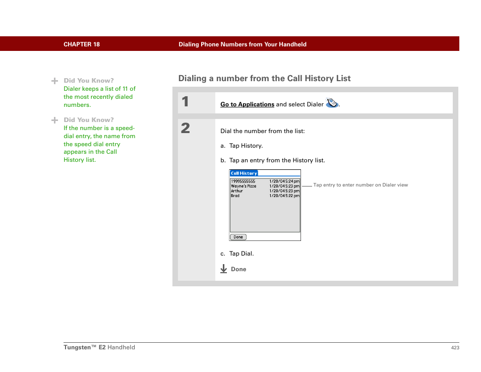 Dialing a number from the call history list | Palm E2 User Manual | Page 444 / 653