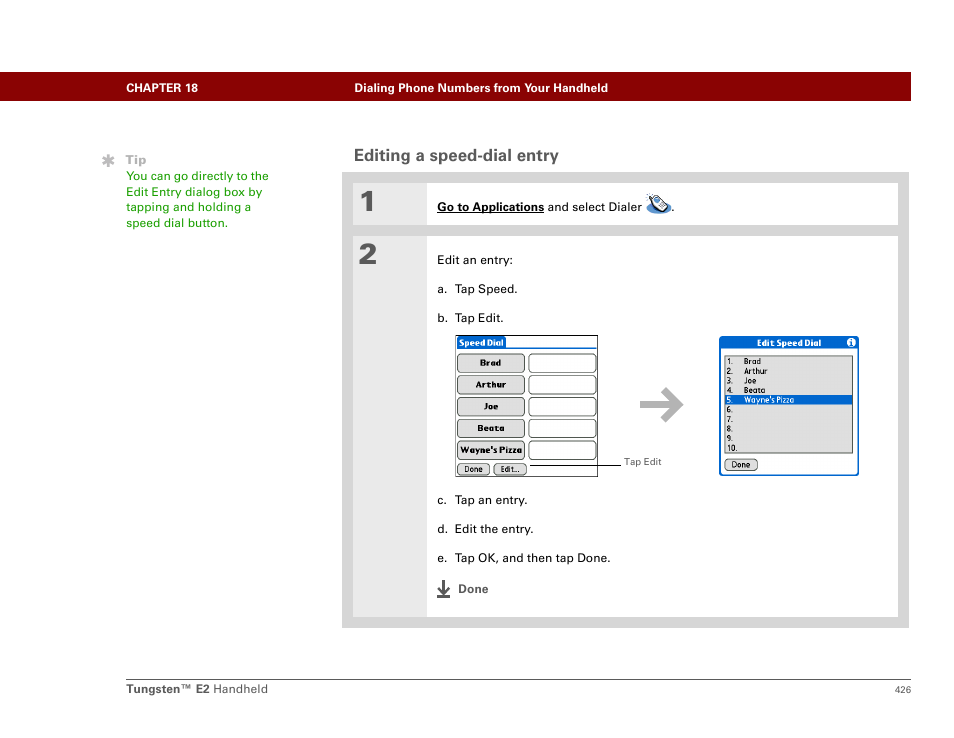 Editing a speed-dial entry | Palm E2 User Manual | Page 447 / 653