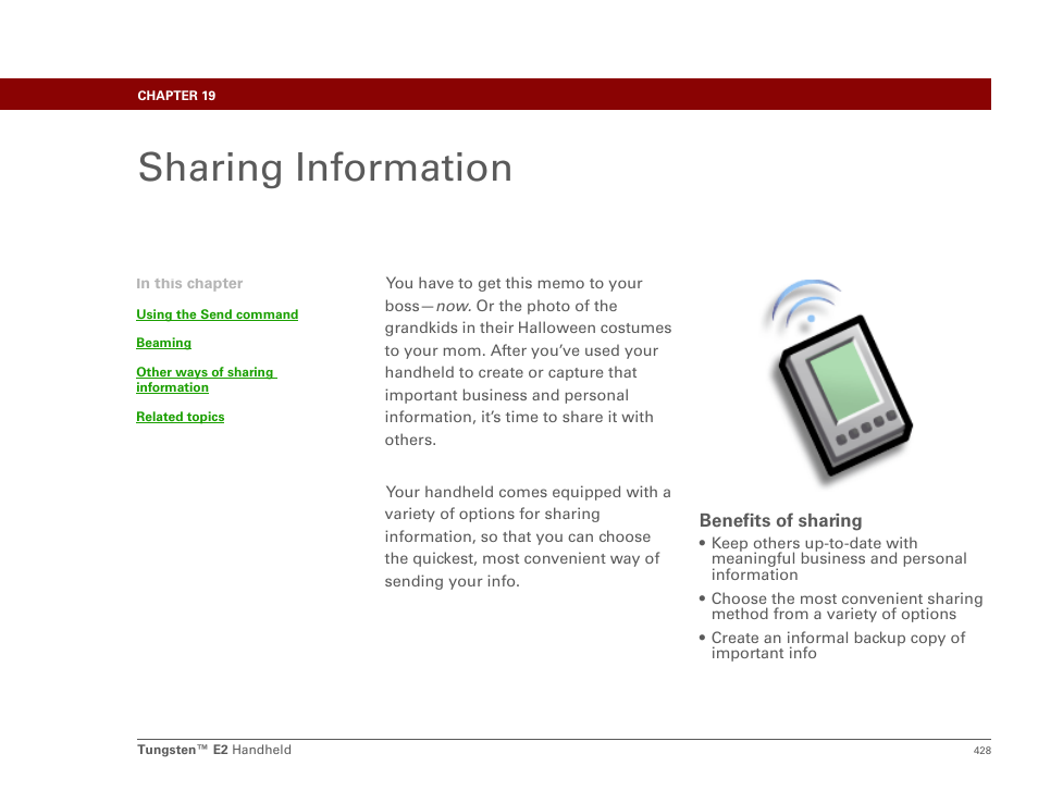 Sharing information, Chapter 19: sharing information, Sharing | Palm E2 User Manual | Page 449 / 653