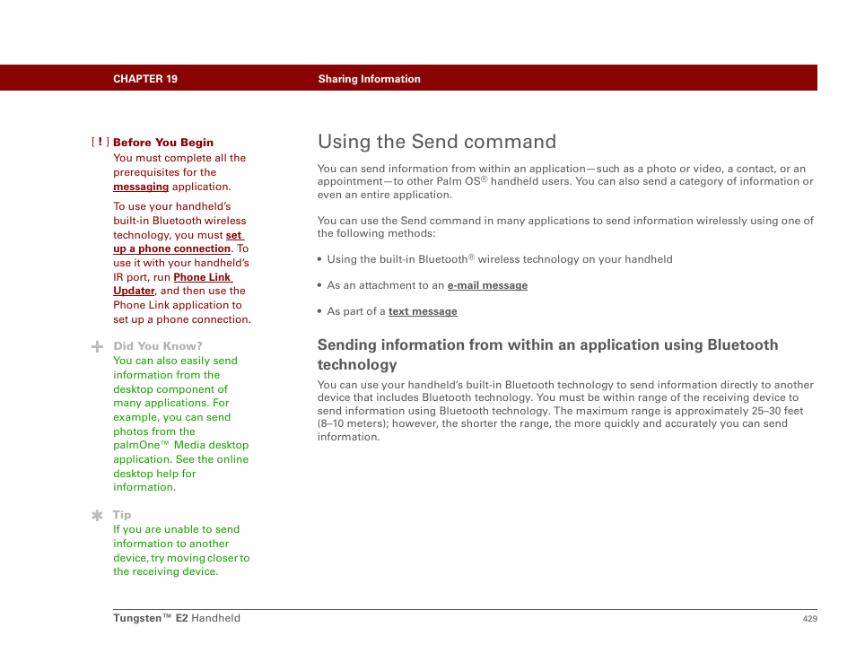 Using the send command, Technology, Send | Palm E2 User Manual | Page 450 / 653