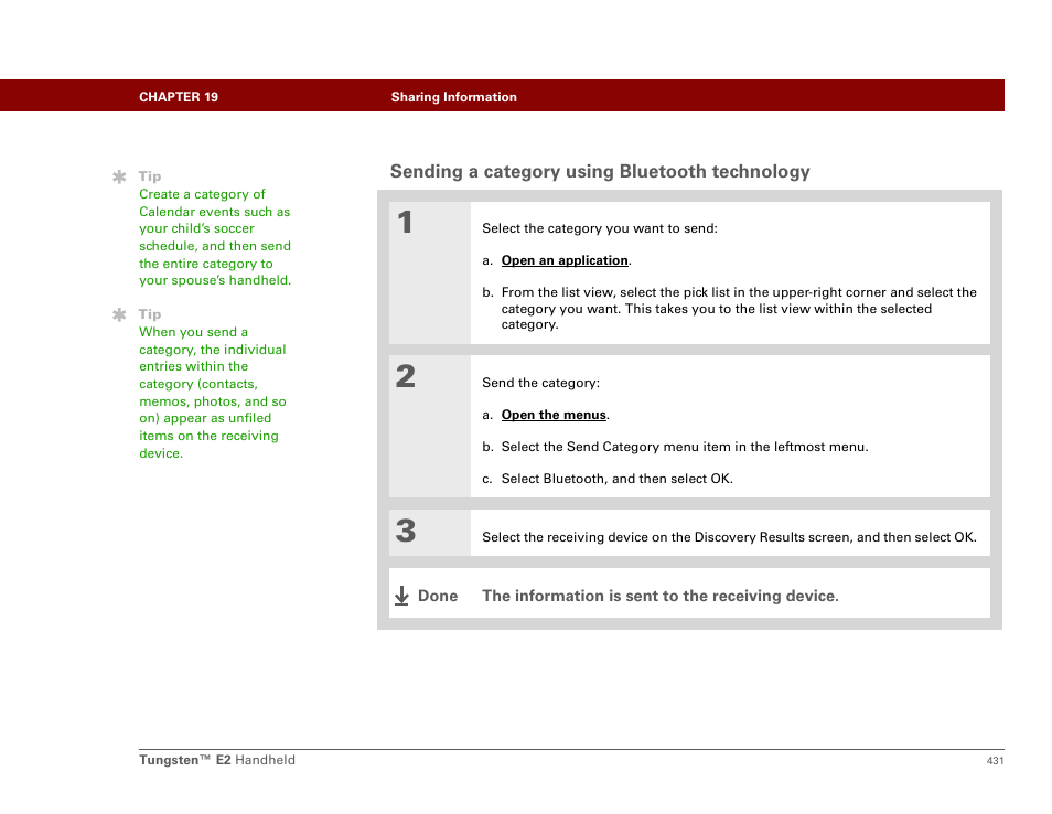 Sending a category using bluetooth technology | Palm E2 User Manual | Page 452 / 653