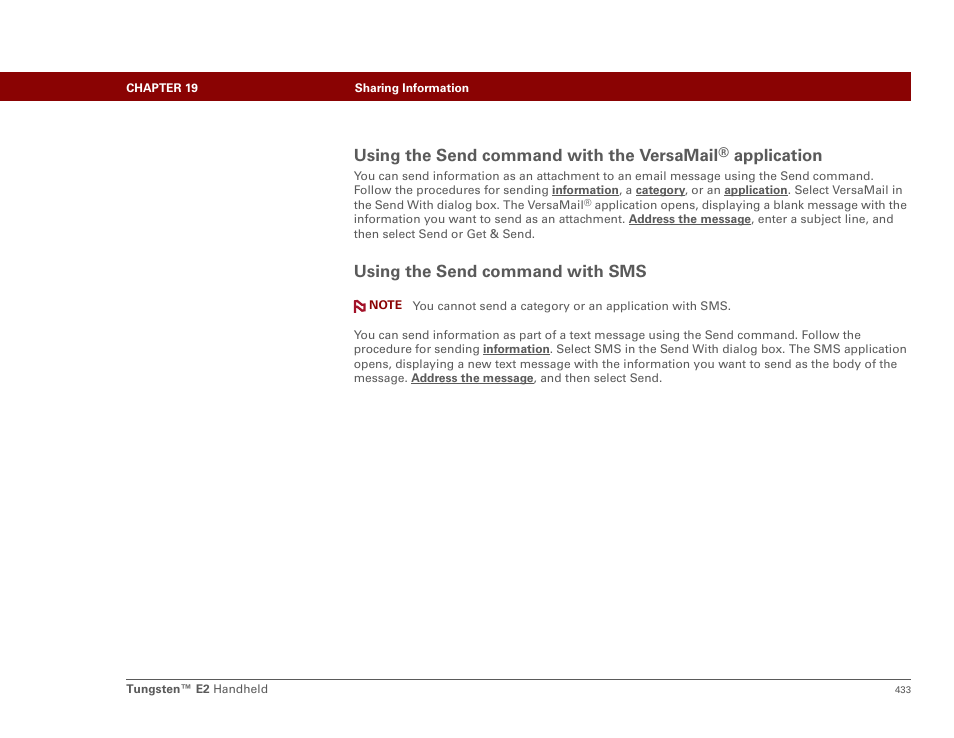 Using the send command with sms, Using the send command with the versamail, Application | Palm E2 User Manual | Page 454 / 653