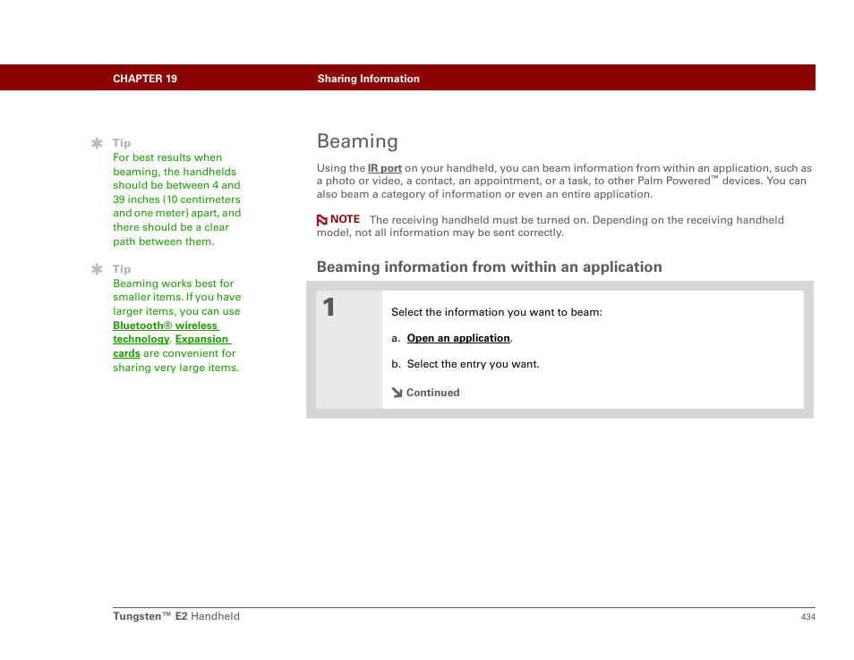 Beaming, Beaming information from within an application, Then beam | Beam a photo or video t, Beam to | Palm E2 User Manual | Page 455 / 653