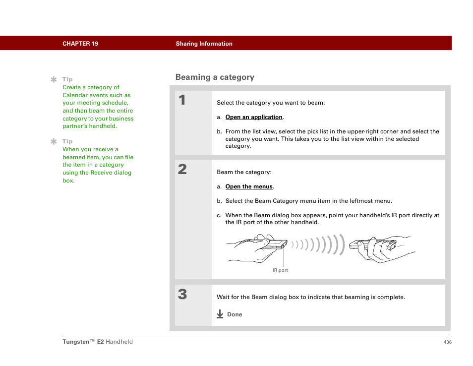 Beaming a category | Palm E2 User Manual | Page 457 / 653