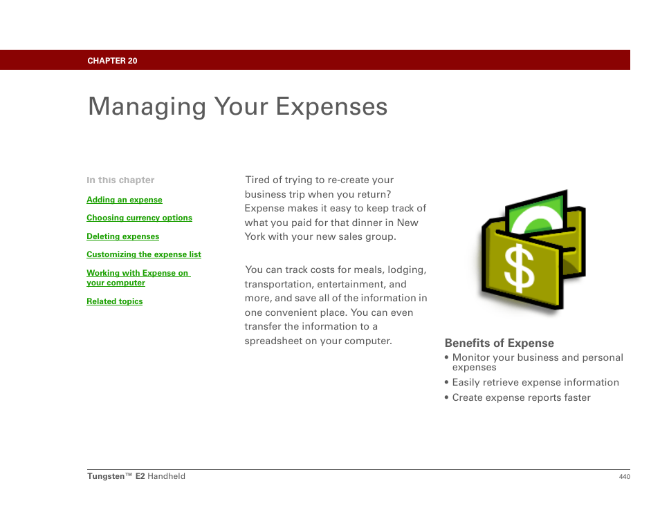 Managing your expenses, Chapter 20: managing your expenses | Palm E2 User Manual | Page 461 / 653