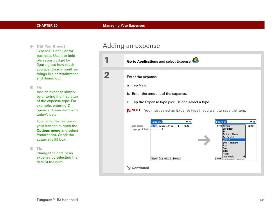 Adding an expense | Palm E2 User Manual | Page 462 / 653