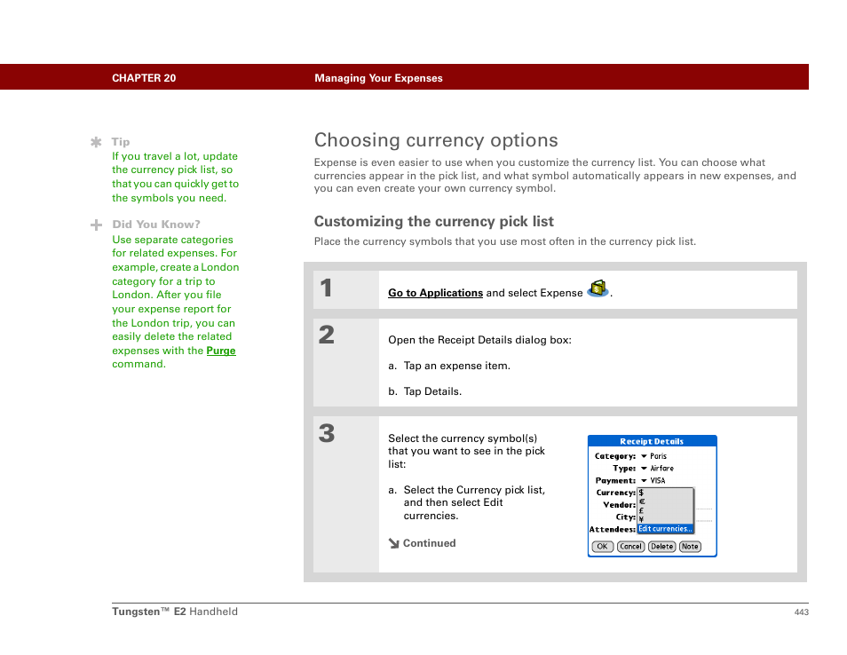 Choosing currency options, Customizing the currency pick list | Palm E2 User Manual | Page 464 / 653