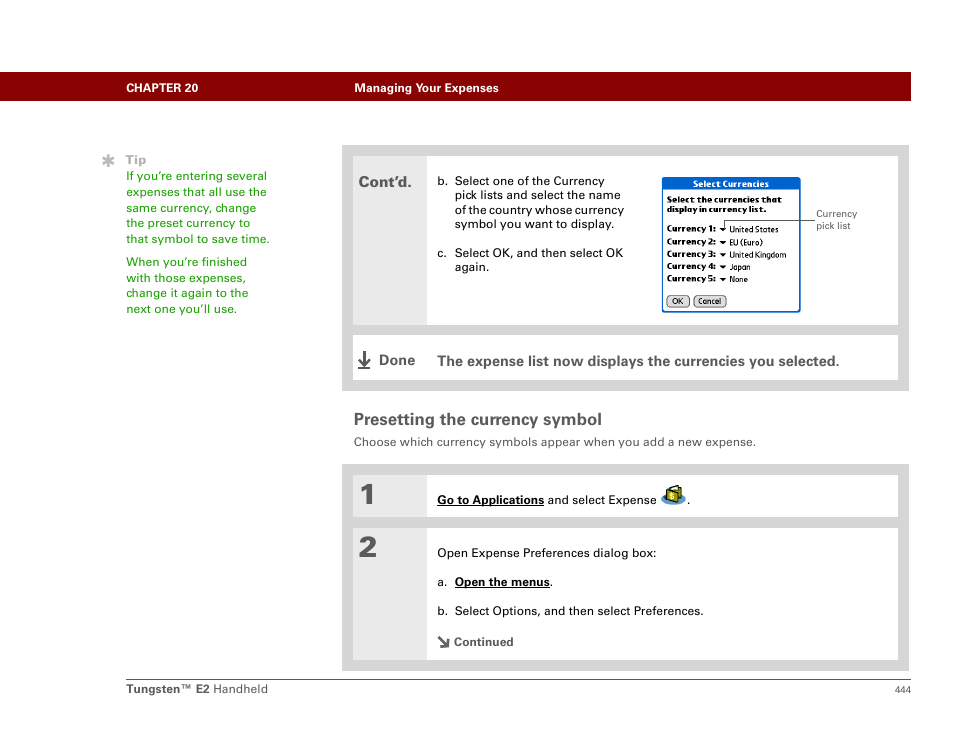 Presetting the currency symbol, N preset this, Symbol | Palm E2 User Manual | Page 465 / 653