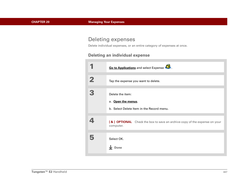 Deleting expenses, Deleting an individual expense | Palm E2 User Manual | Page 468 / 653