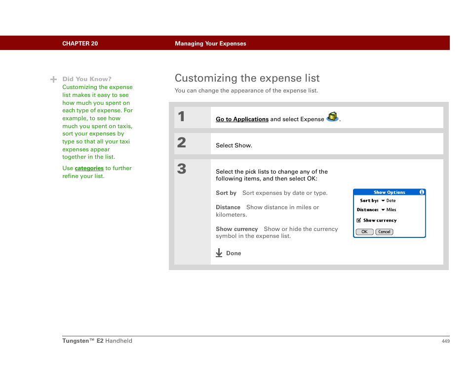 Customizing the expense list | Palm E2 User Manual | Page 470 / 653