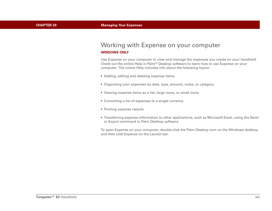 Working with expense on your computer, Send your expense information to a spreadsheet | Palm E2 User Manual | Page 471 / 653