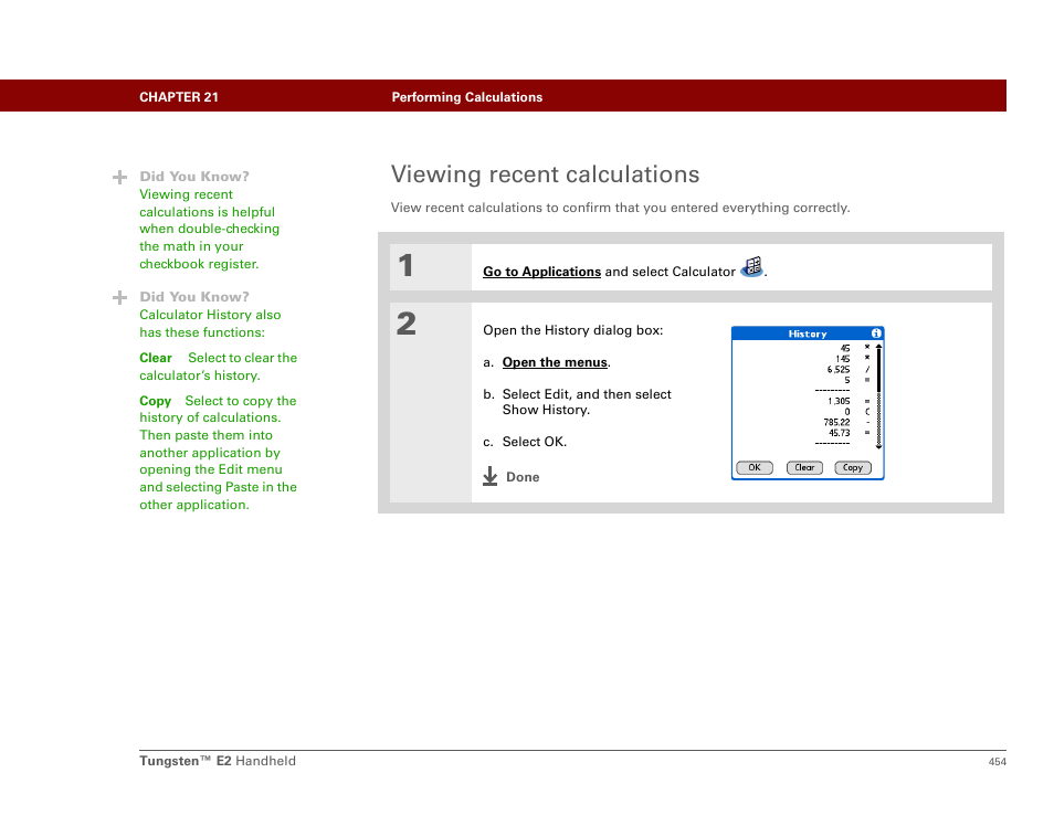 Viewing recent calculations | Palm E2 User Manual | Page 475 / 653