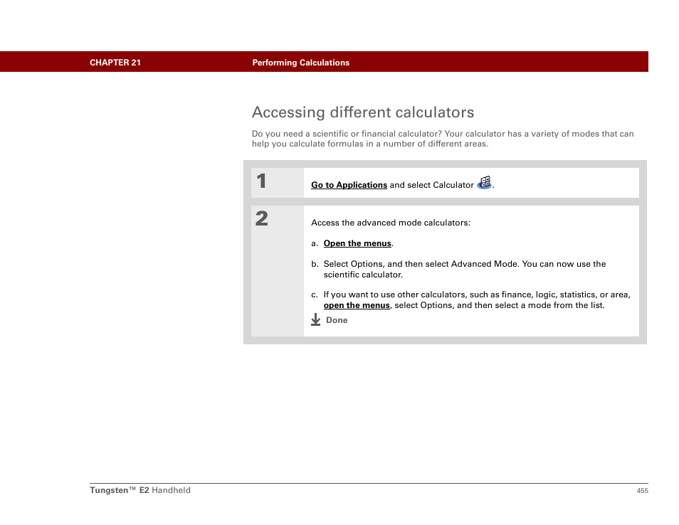 Accessing different calculators | Palm E2 User Manual | Page 476 / 653