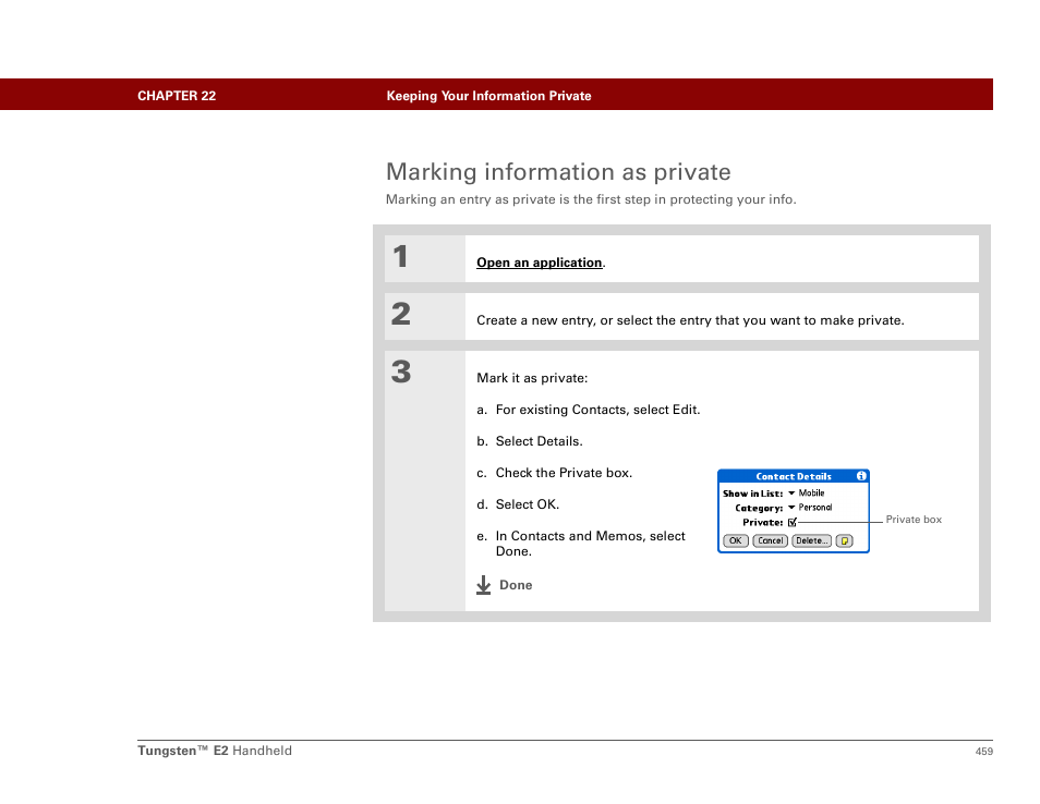 Marking information as private, Private but | Palm E2 User Manual | Page 480 / 653