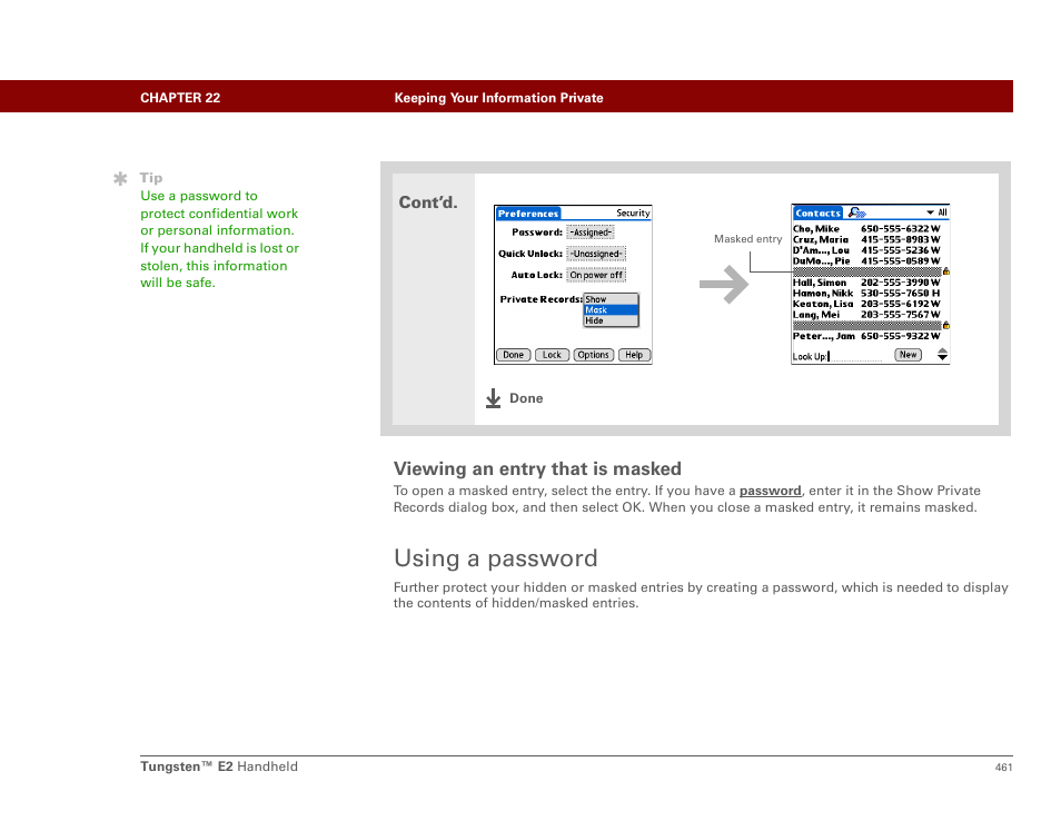 Viewing an entry that is masked, Using a password | Palm E2 User Manual | Page 482 / 653