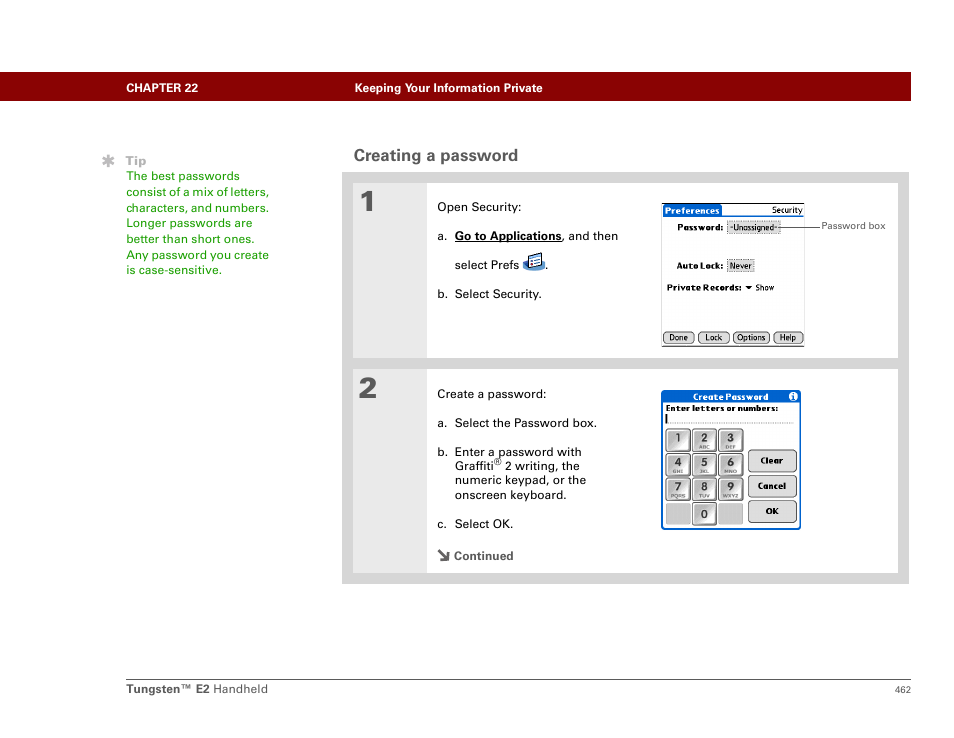 Creating a password, Ting a password | Palm E2 User Manual | Page 483 / 653