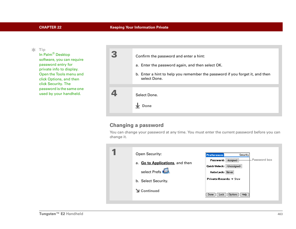 Changing a password | Palm E2 User Manual | Page 484 / 653