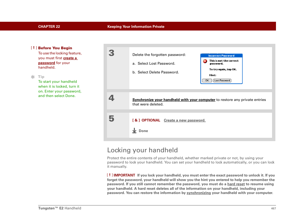 Locking your handheld | Palm E2 User Manual | Page 488 / 653