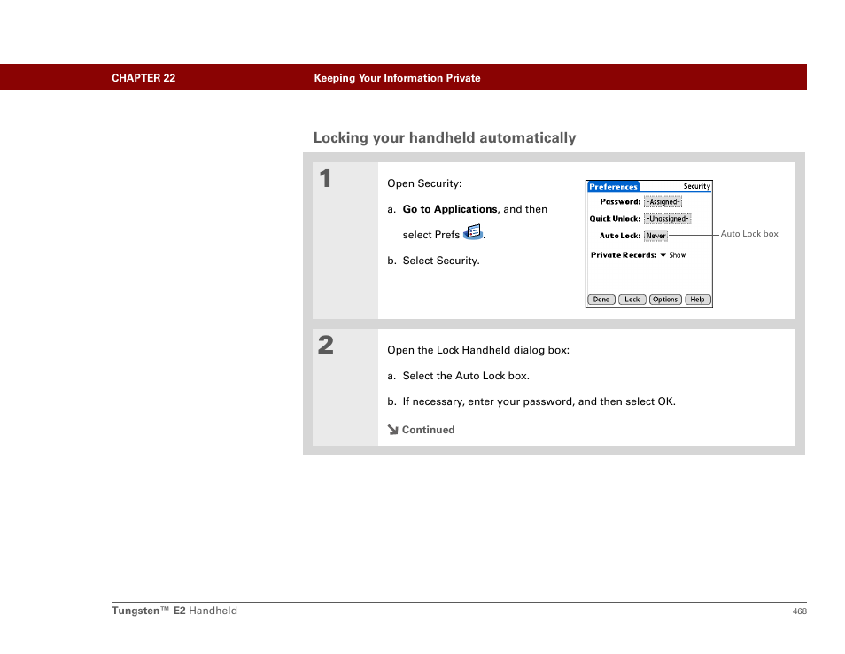 Locking your handheld automatically | Palm E2 User Manual | Page 489 / 653